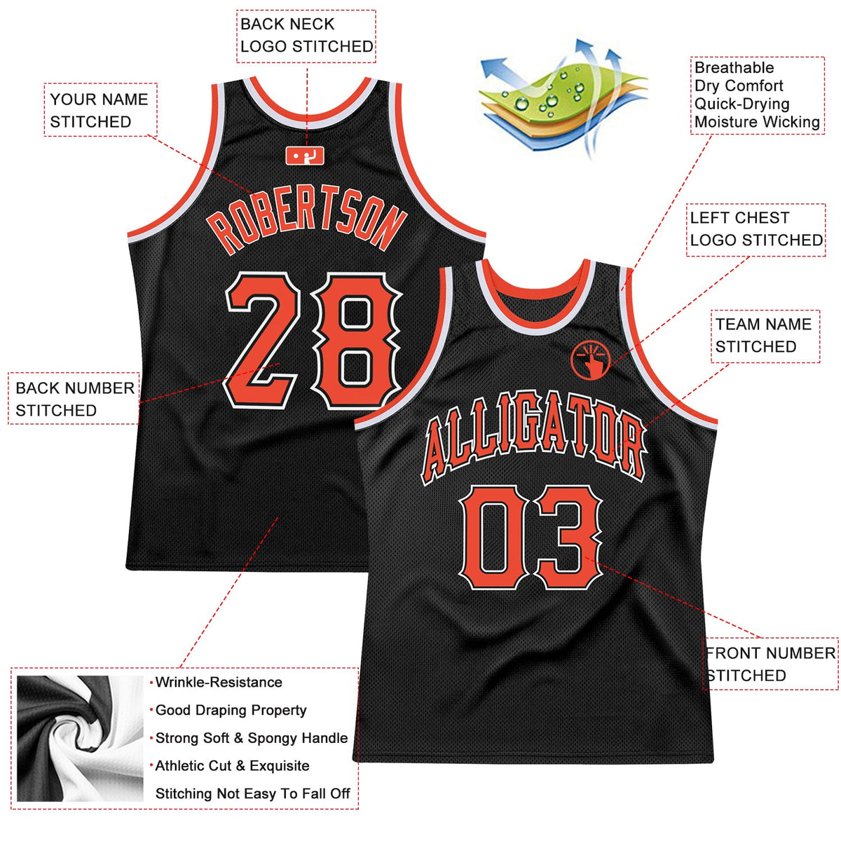 Custom Black Orange-White Authentic Throwback Basketball Jersey - Back