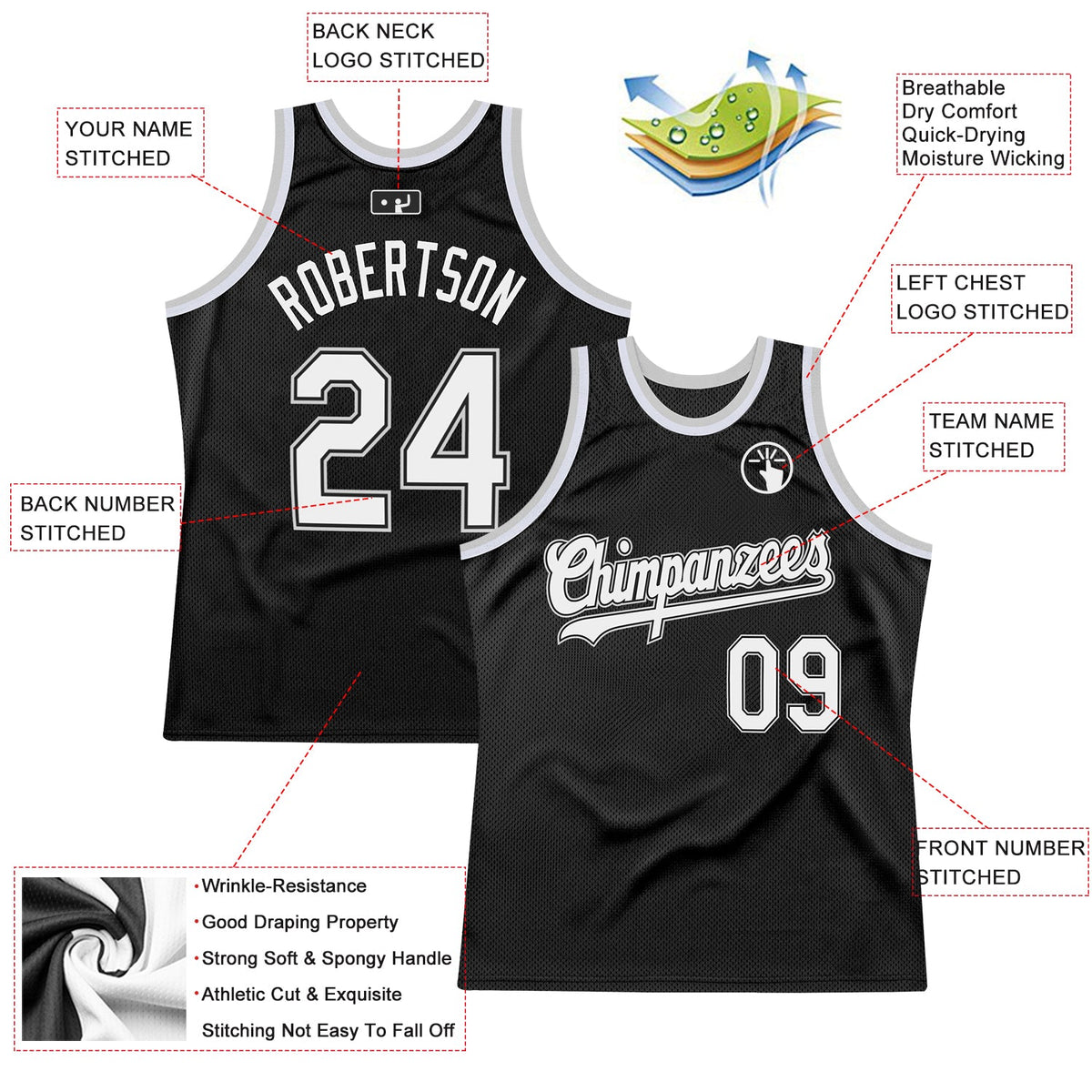 Custom Black White-Gray Authentic Throwback Basketball Jersey - Back