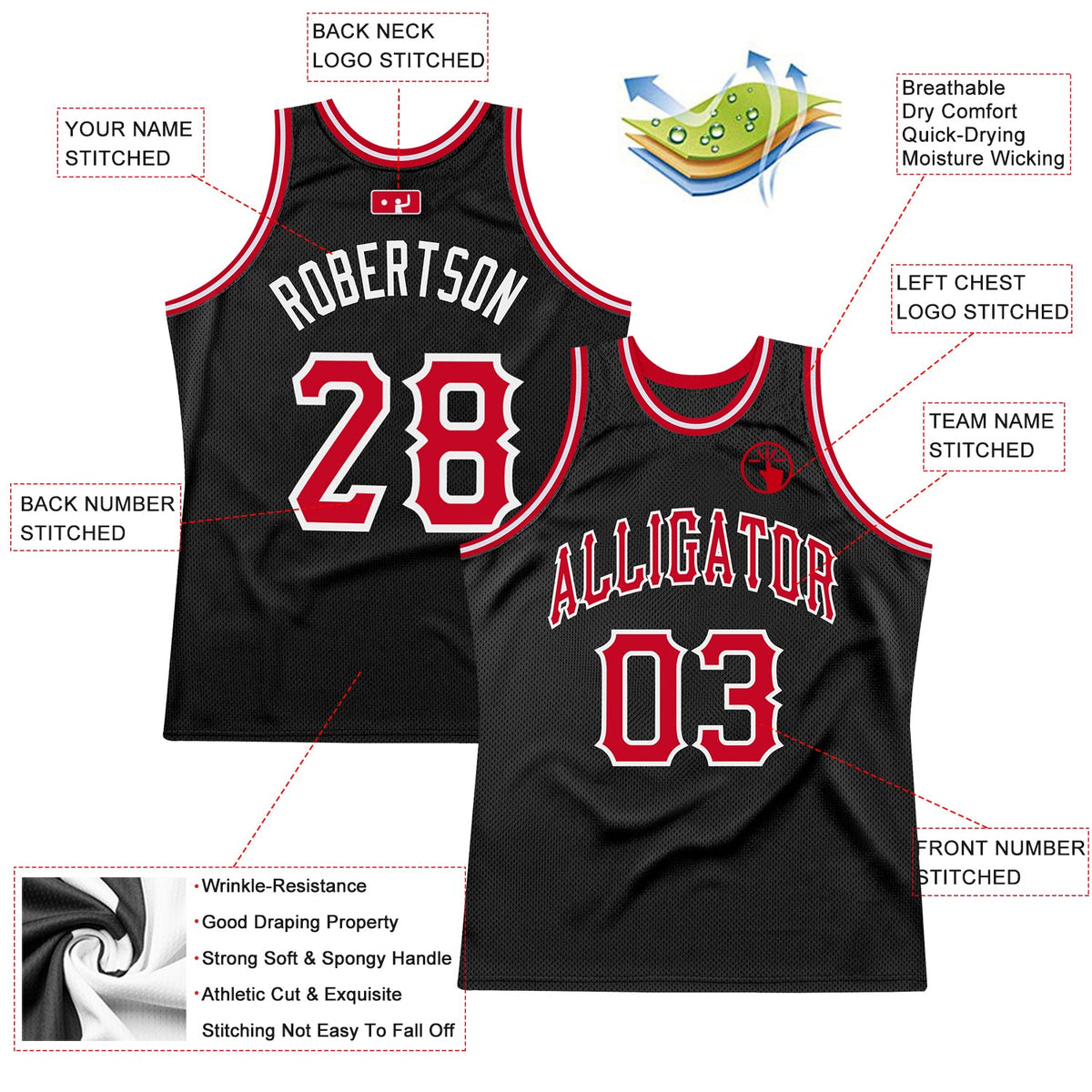 Custom Black Red-White Authentic Throwback Basketball Jersey - Back