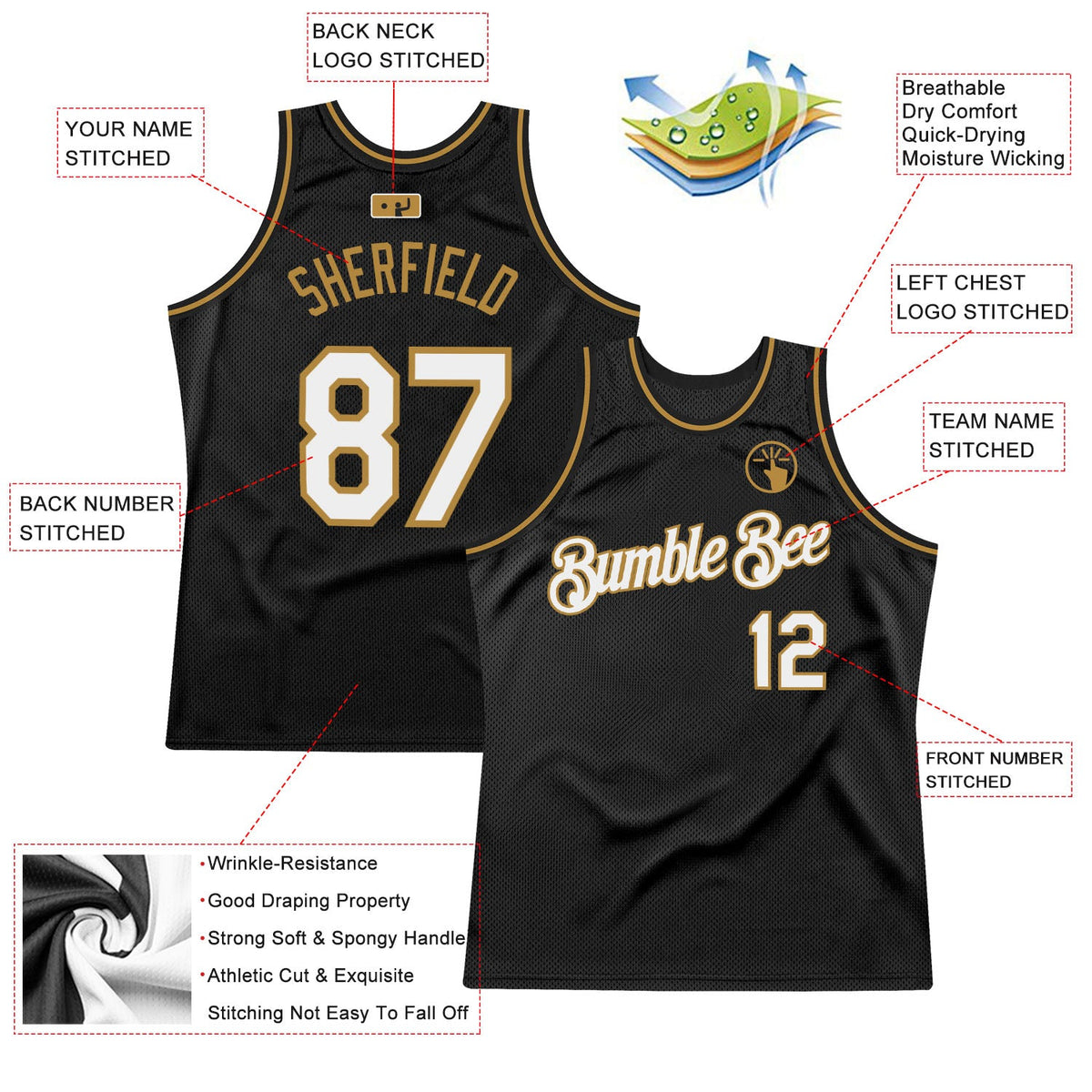 Custom Black White-Old Gold Authentic Throwback Basketball Jersey - Back