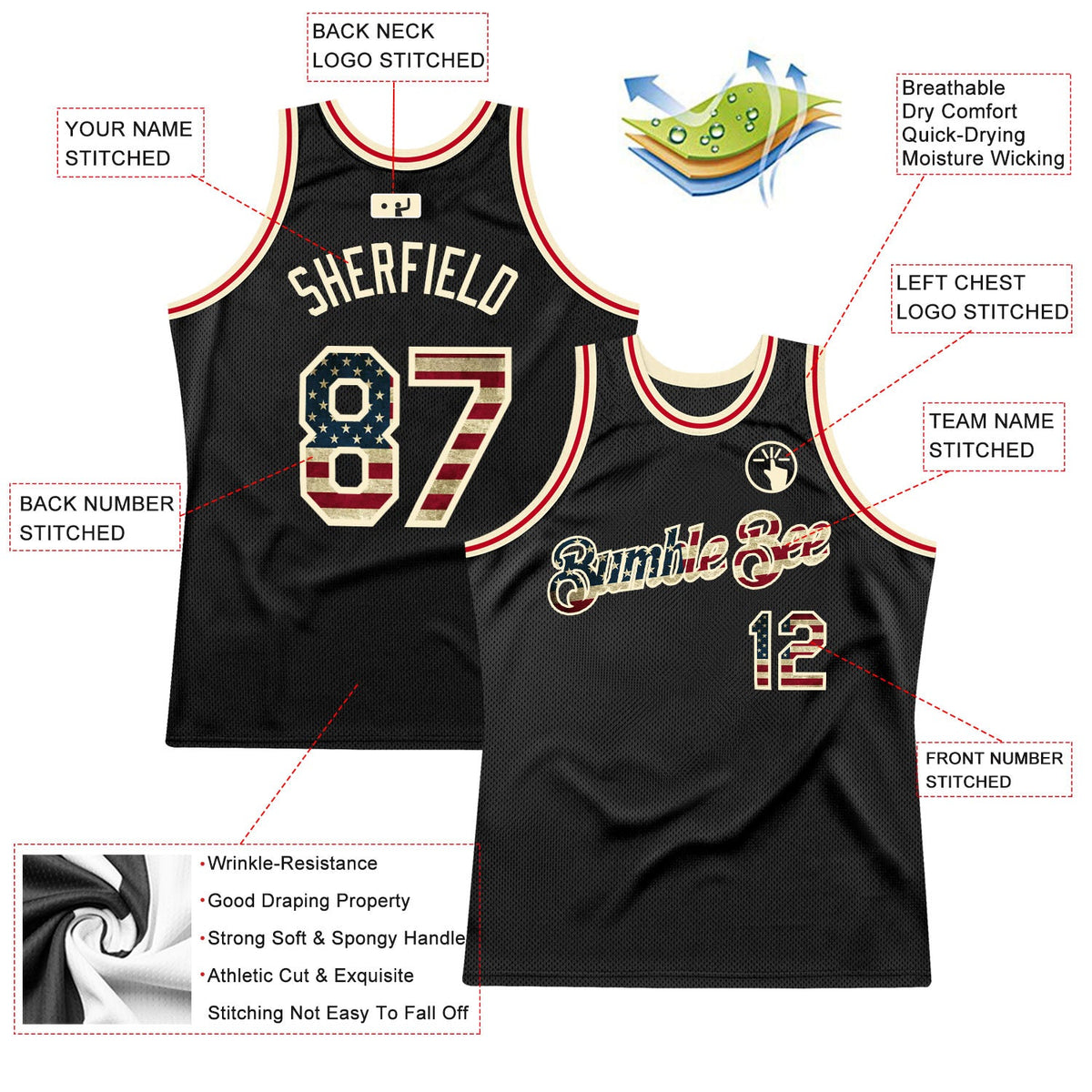 Custom Black Vintage USA Flag-Cream Authentic Throwback Basketball Jersey - Back