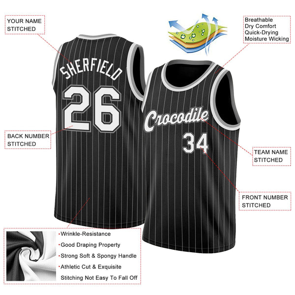 Custom Black White Pinstripe White-Gray Authentic Basketball Jersey alternate