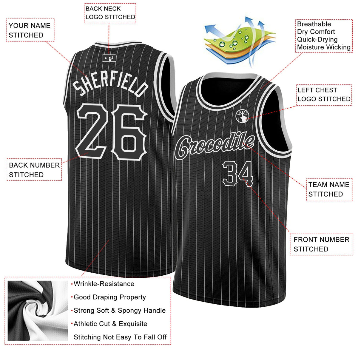 Custom Black White Pinstripe Black-White Authentic Basketball Jersey - Back