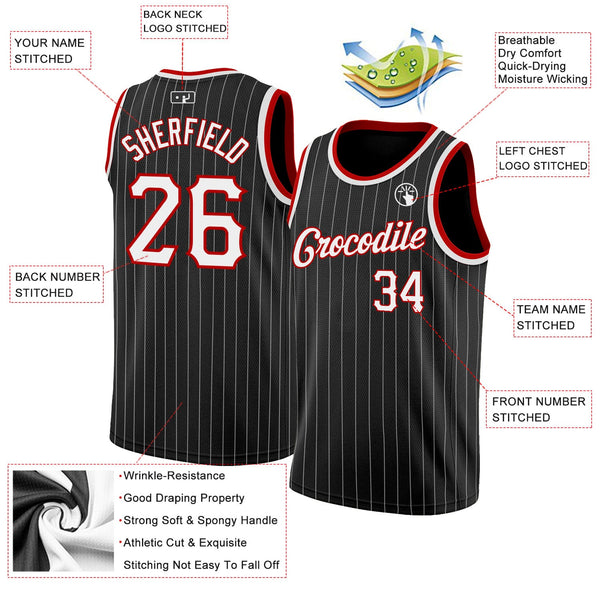 Custom Black White Pinstripe White-Red Authentic Basketball Jersey alternate
