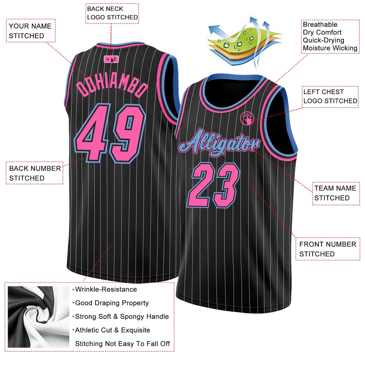 Custom Black White Pinstripe Pink-Light Blue Authentic Basketball Jersey - Front