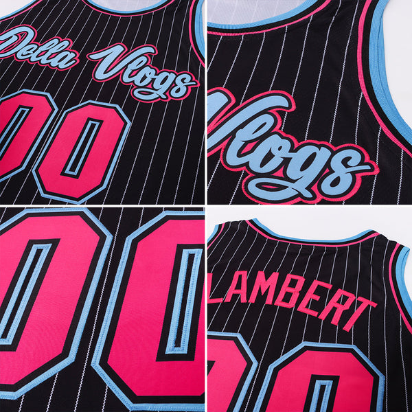 Custom Black White Pinstripe Pink-Light Blue Authentic Basketball Jersey alternate