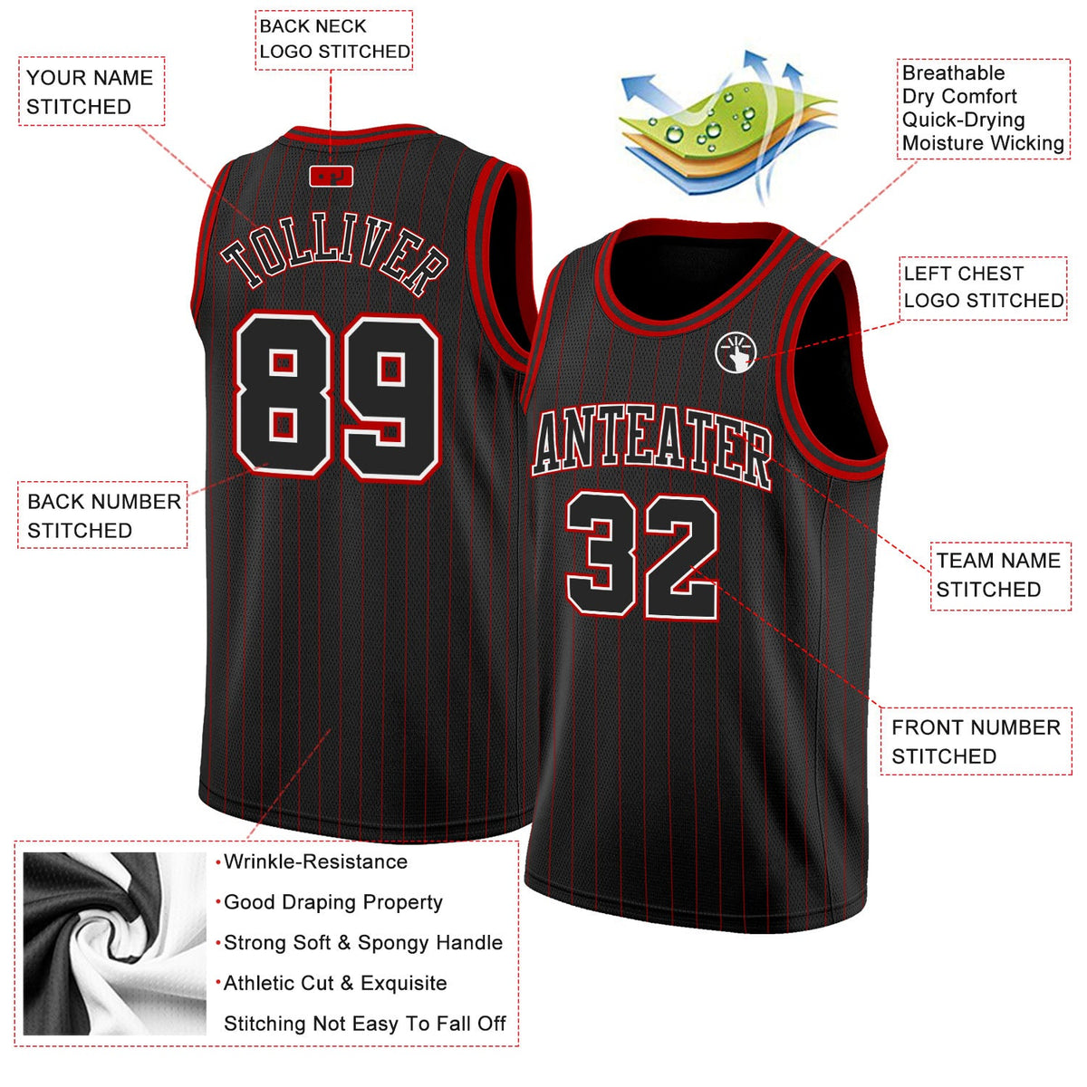 Custom Black Red Pinstripe Black-White Authentic Basketball Jersey - Back
