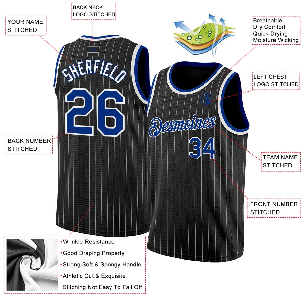 Custom Black White Pinstripe Royal-White Authentic Basketball Jersey - Back