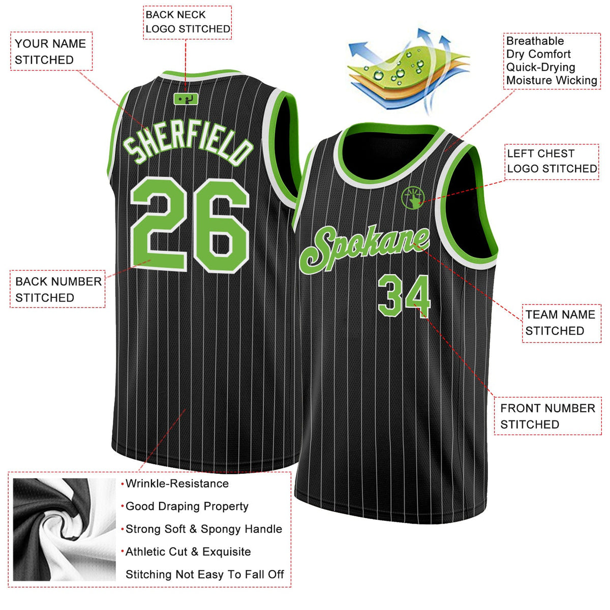 Custom Black White Pinstripe Neon Green-White Authentic Basketball Jersey - Back