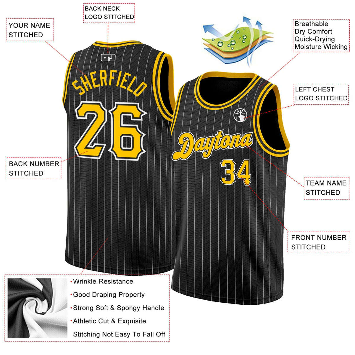 Custom Black White Pinstripe Gold-White Authentic Basketball Jersey - Back