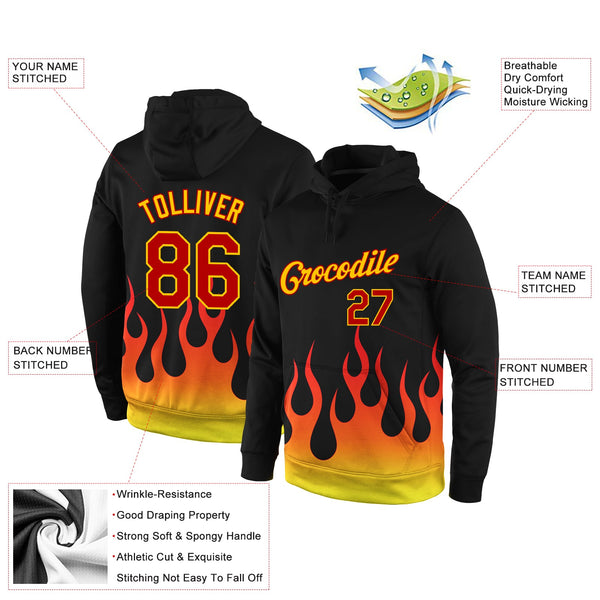 Custom Stitched Black Red-Gold 3D Pattern Design Flame Sports Pullover Sweatshirt Hoodie alternate