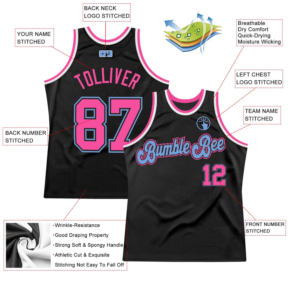 Custom Black Pink-Light Blue Authentic Throwback Basketball Jersey - Back