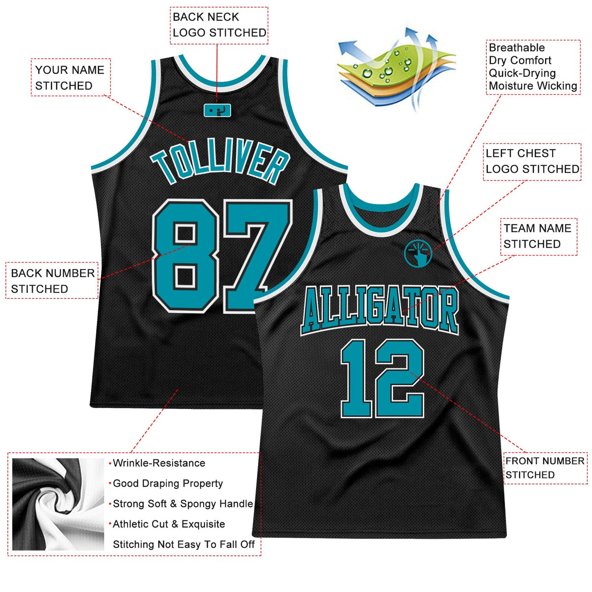 Custom Black Teal-White Authentic Throwback Basketball Jersey - Back
