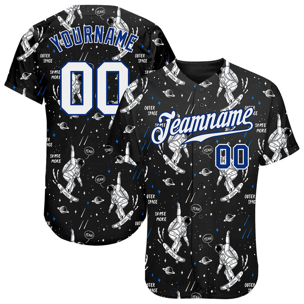 Custom Black White-Royal 3D Pattern Design Astronaut Authentic Baseball Jersey