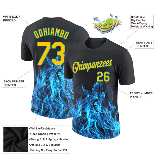 Custom Black Gold-Aqua 3D Pattern Design Flame Performance T-Shirt alternate