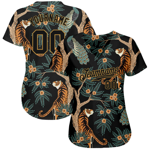 Custom Black Black-Old Gold 3D Pattern Design Tiger And Peacock Authentic Baseball Jersey alternate