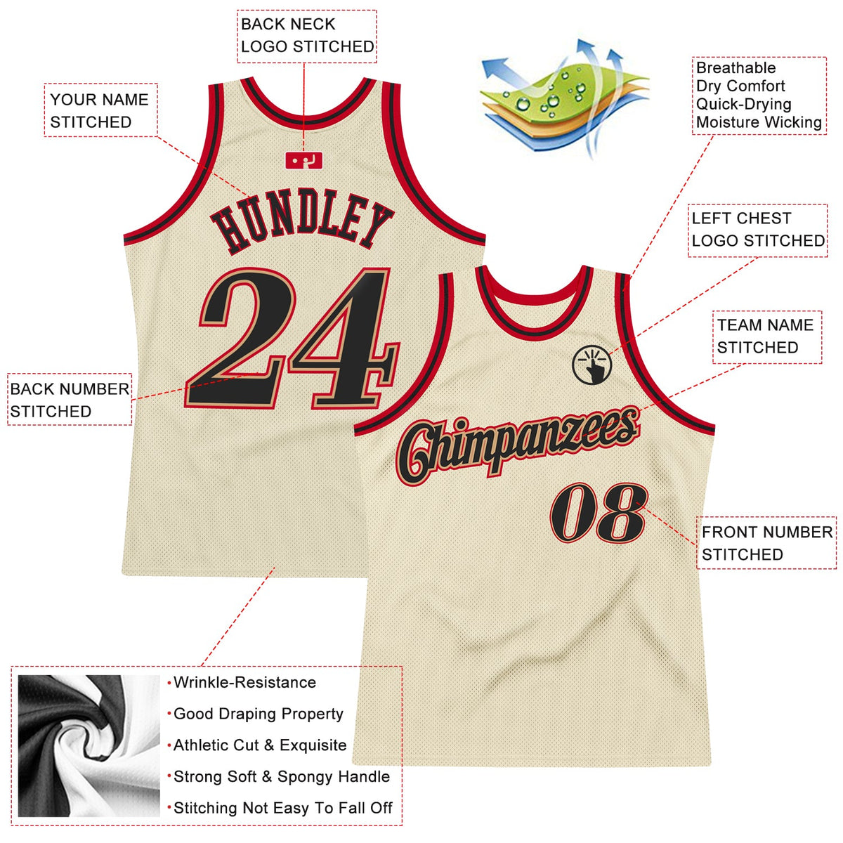 Custom Cream Black-Red Authentic Throwback Basketball Jersey - Back