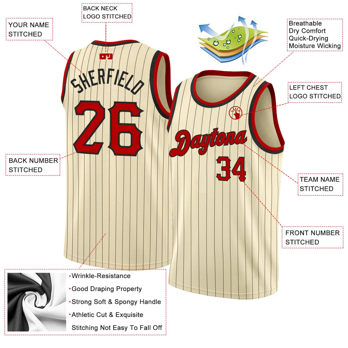 Custom Cream Black Pinstripe Red-Black Authentic Basketball Jersey - Back
