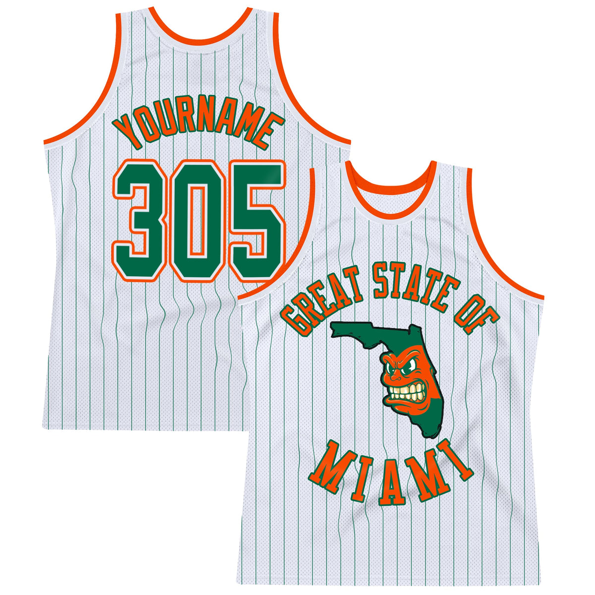 Custom White Kelly Green Pinstripe Kelly Green-Orange Authentic Great State of Miami Basketball Jersey