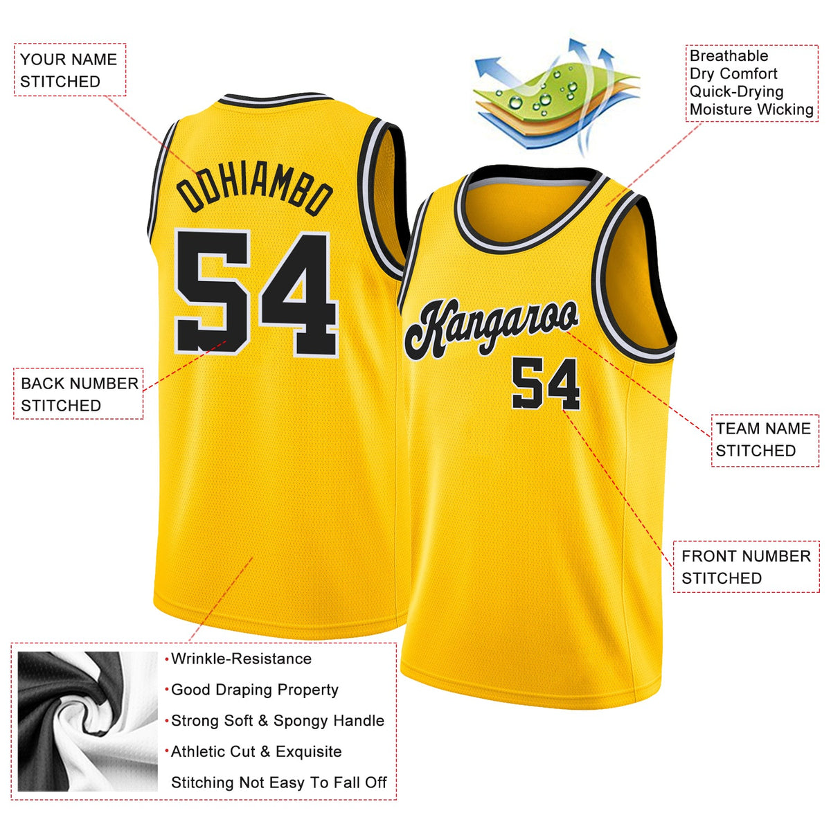 Custom Gold Black-White Round Neck Rib-Knit Basketball Jersey - Back