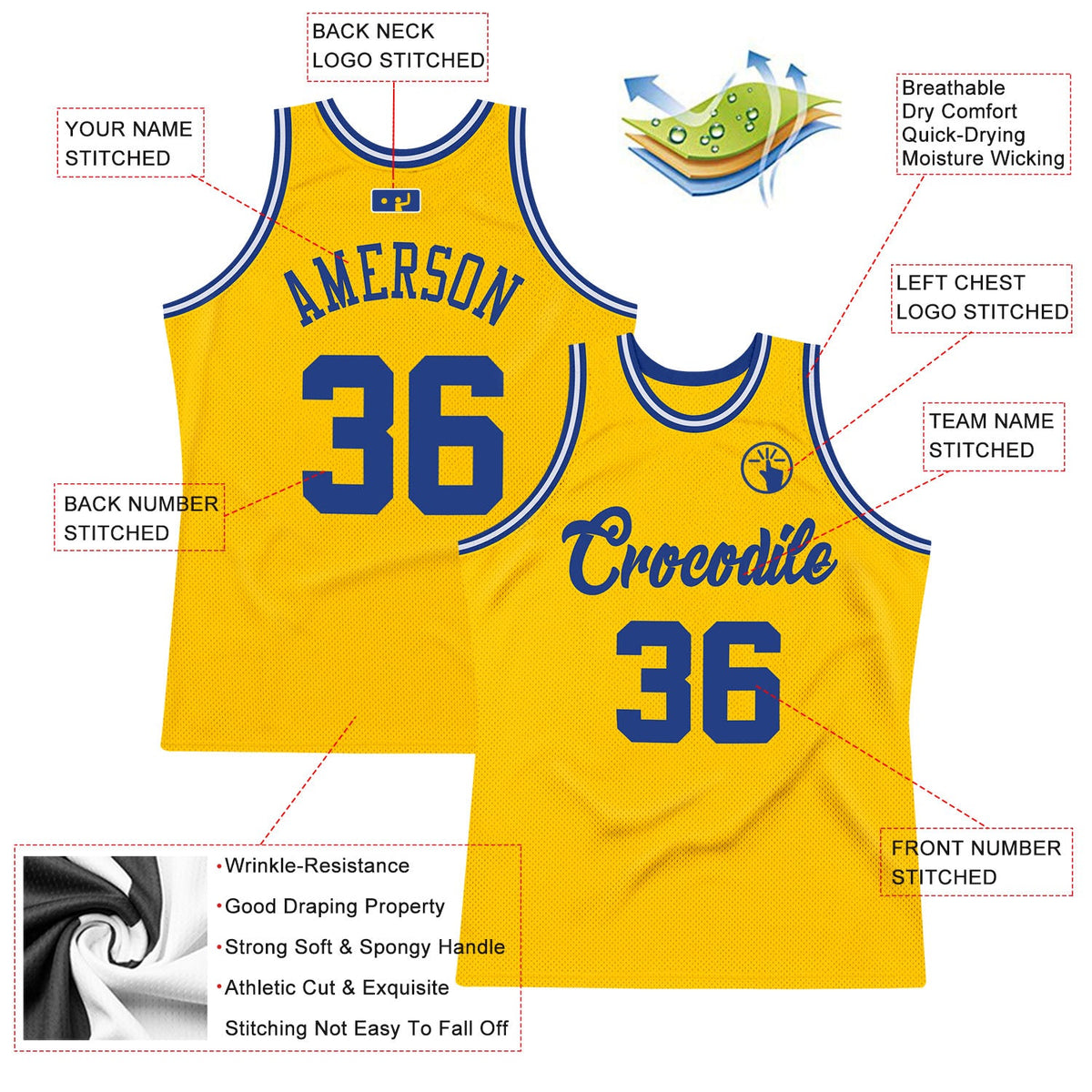 Custom Gold Royal-White Authentic Throwback Basketball Jersey - Back