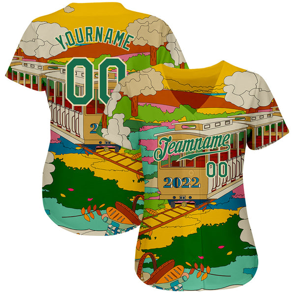 Custom Gold Kelly Green-Cream 3D Pattern Design Train Authentic Baseball Jersey alternate