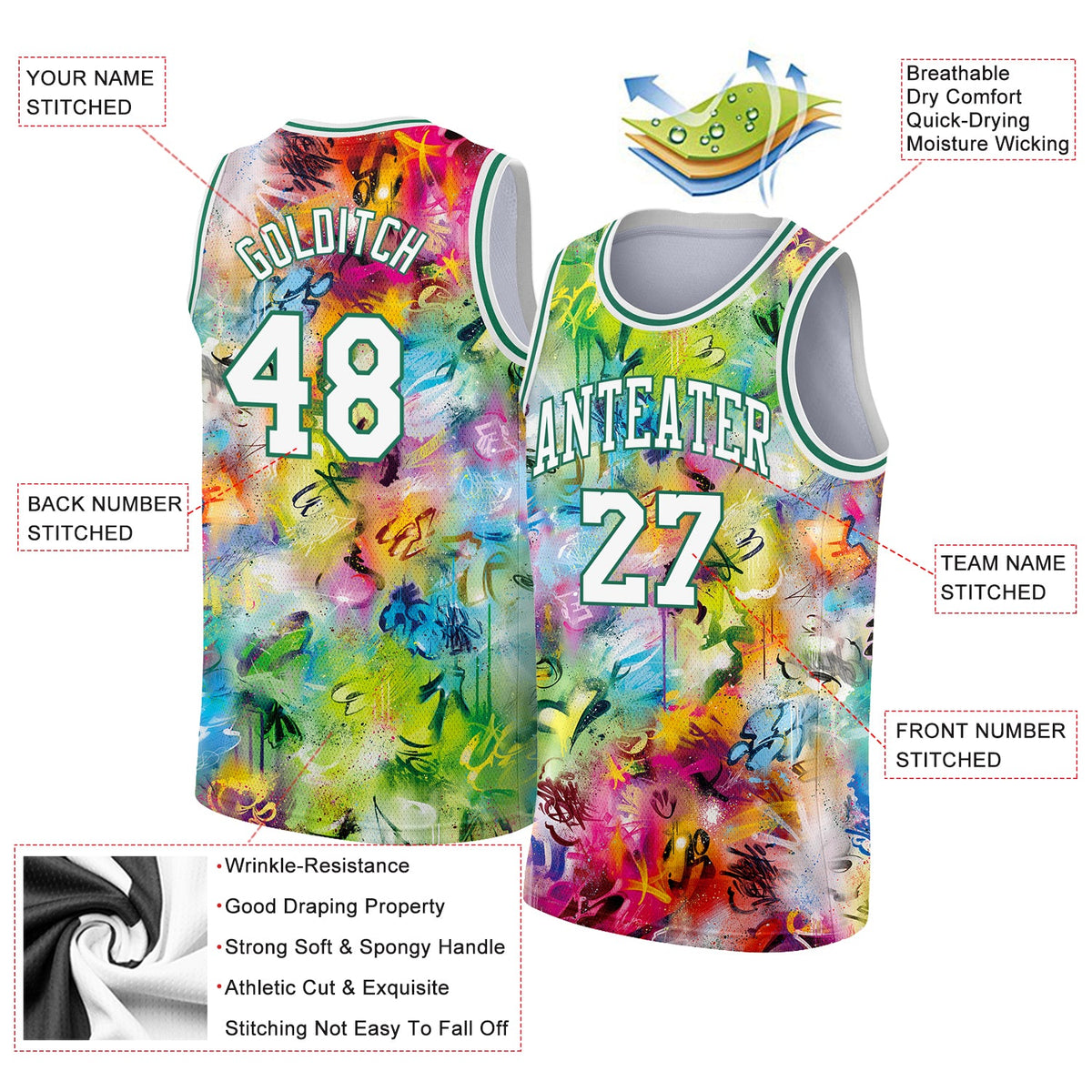 Custom Scratch Graffiti Pattern White-Kelly Green 3D Authentic Basketball Jersey - Back
