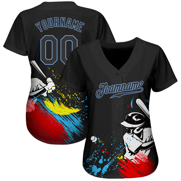 Custom Graffiti Pattern Black-Light Blue 3D Authentic Baseball Jersey alternate