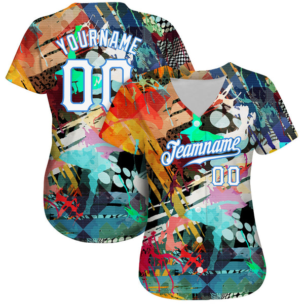 Custom Graffiti Colored Abstract Pattern White-Light Blue 3D Authentic Baseball Jersey alternate