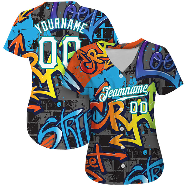 Custom Graffiti Geometric Pattern White-Teal 3D Authentic Baseball Jersey alternate
