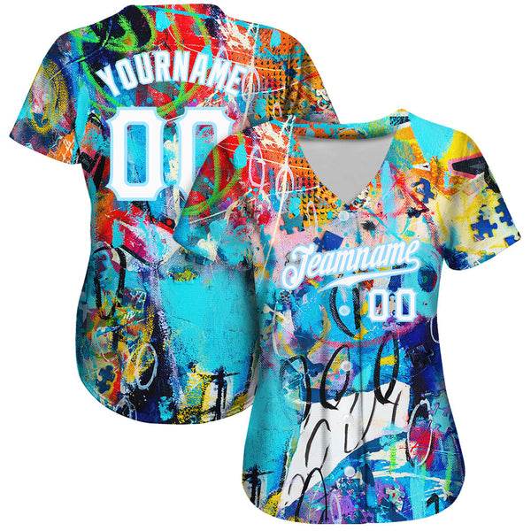 Custom Abstract Graffiti White-Light Blue 3D Authentic Baseball Jersey alternate