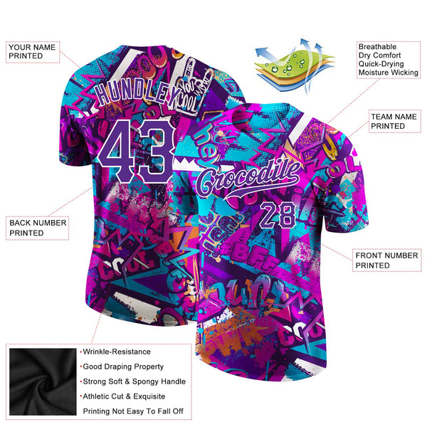 Custom Graffiti Pattern Purple-White 3D Performance T-Shirt alternate