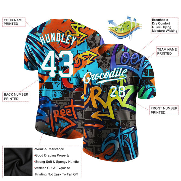 Custom Graffiti Pattern White-Aqua 3D Performance T-Shirt alternate