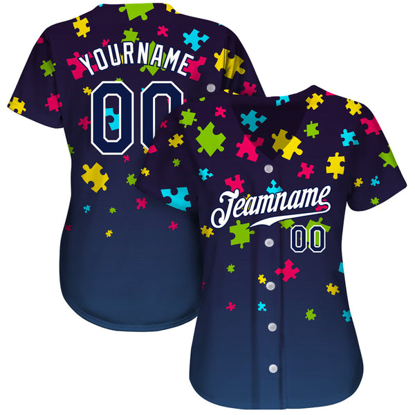 Custom Autism Supporter Awareness Puzzle Pieces Navy-White 3D Authentic Baseball Jersey alternate