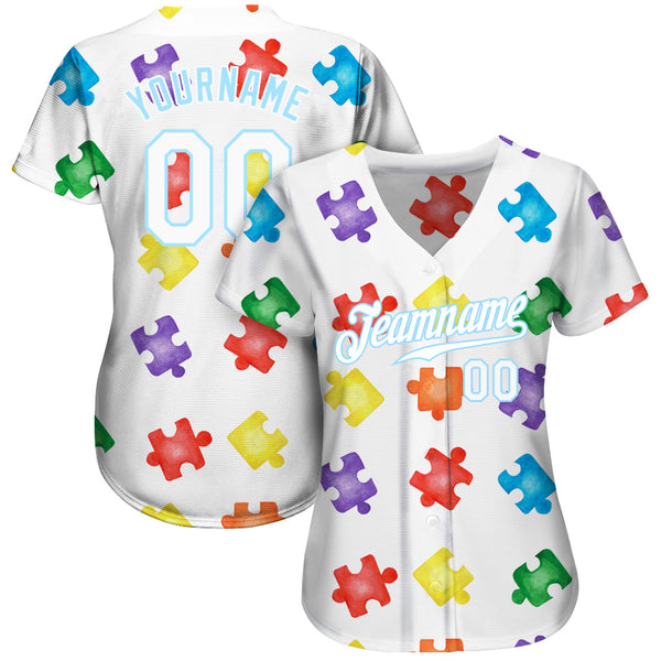 Custom Autism Supporter Awareness Puzzle Pieces White-Light Blue 3D Authentic Baseball Jersey alternate