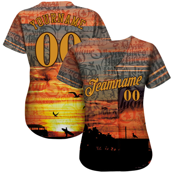 Custom Graffiti Pattern Gold-Brown 3D Beach Authentic Baseball Jersey alternate