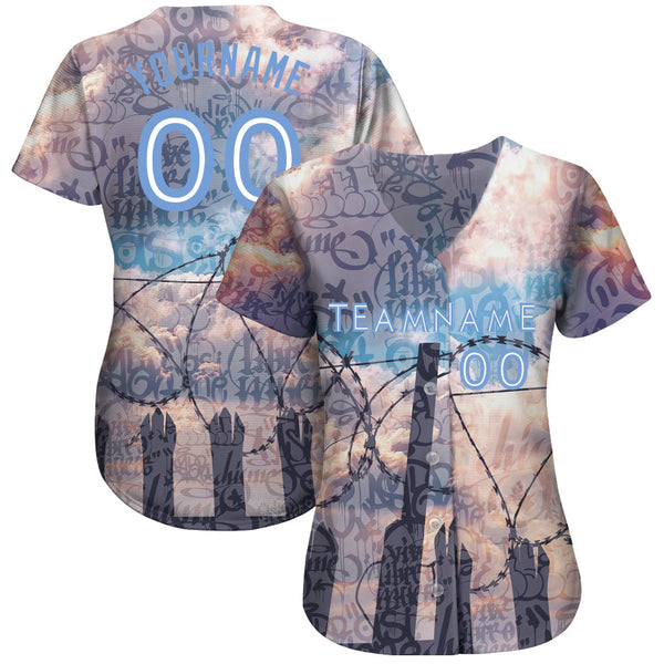 Custom Graffiti Pattern Light Blue-White 3D Freedom Authentic Baseball Jersey alternate