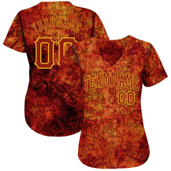 Custom Graffiti Pattern Red-Gold 3D Fire Authentic Baseball Jersey alternate