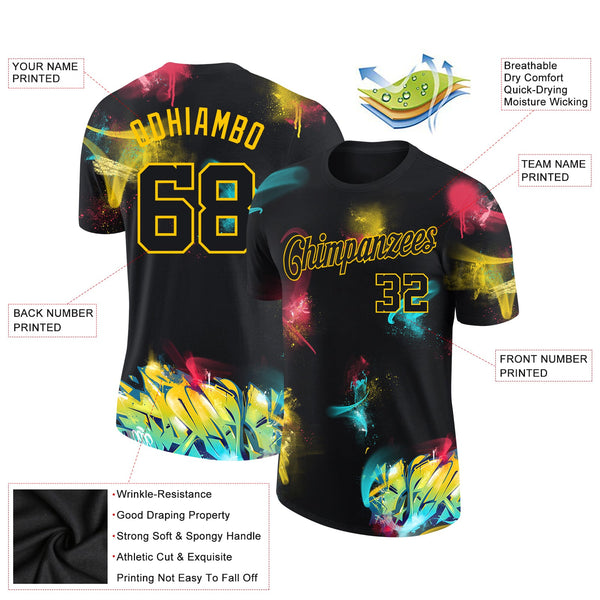 Custom Graffiti Pattern Black-Gold 3D Performance T-Shirt alternate