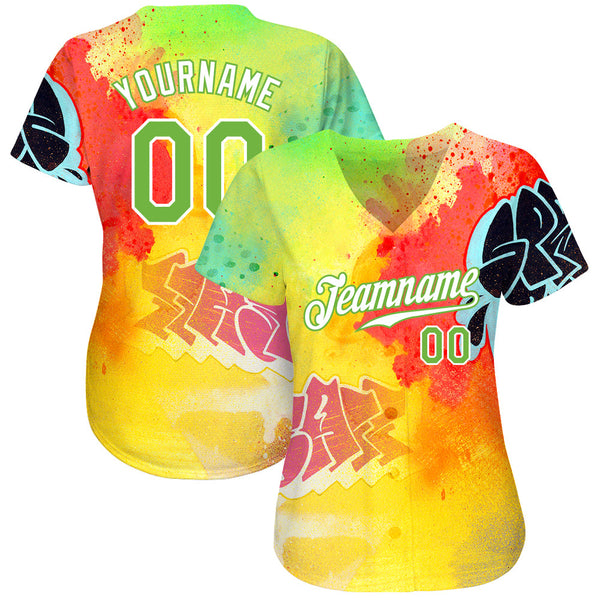 Custom Graffiti Pattern Neon Green-White 3D Authentic Baseball Jersey alternate