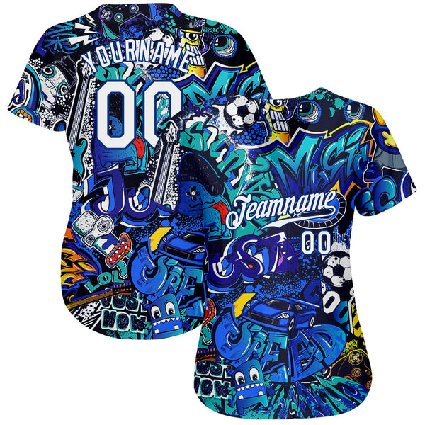 Custom Graffiti Pattern White-Royal 3D Authentic Baseball Jersey alternate