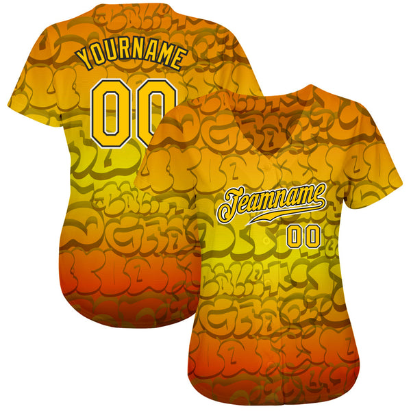 Custom Graffiti Pattern Gold-Black 3D Authentic Baseball Jersey alternate