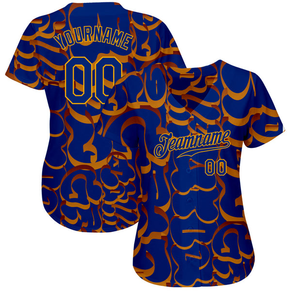 Custom Graffiti Pattern Royal-Gold 3D Authentic Baseball Jersey alternate
