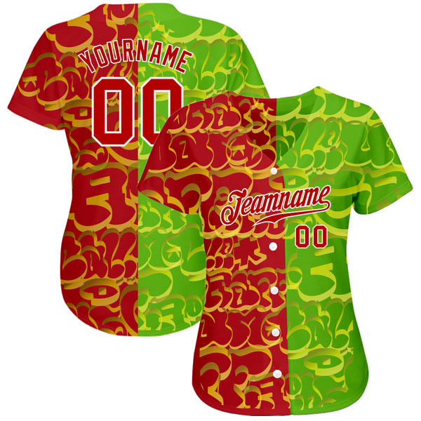 Custom Graffiti Pattern Red-Green 3D Authentic Baseball Jersey alternate