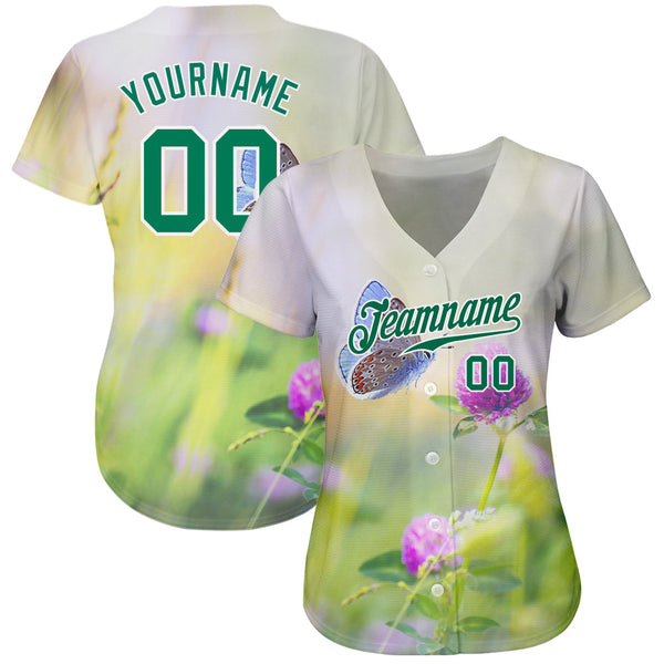 Custom Gray Kelly Green-White 3D Pattern Design Flowers And Butterfly Authentic Baseball Jersey alternate
