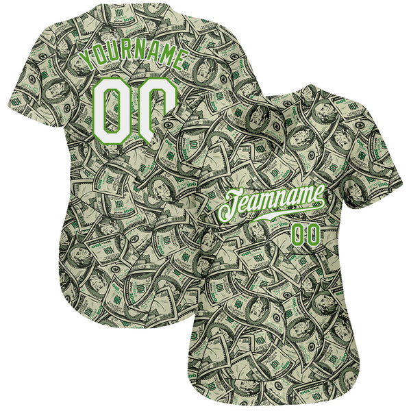 Custom Green White-Neon Green 3D Pattern Design Dollar Authentic Baseball Jersey alternate