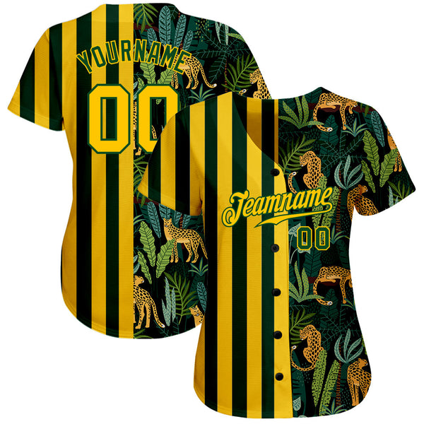 Custom Green Gold-Black 3D Pattern Design Leopards And Tropical Palm Leaves Authentic Baseball Jersey alternate