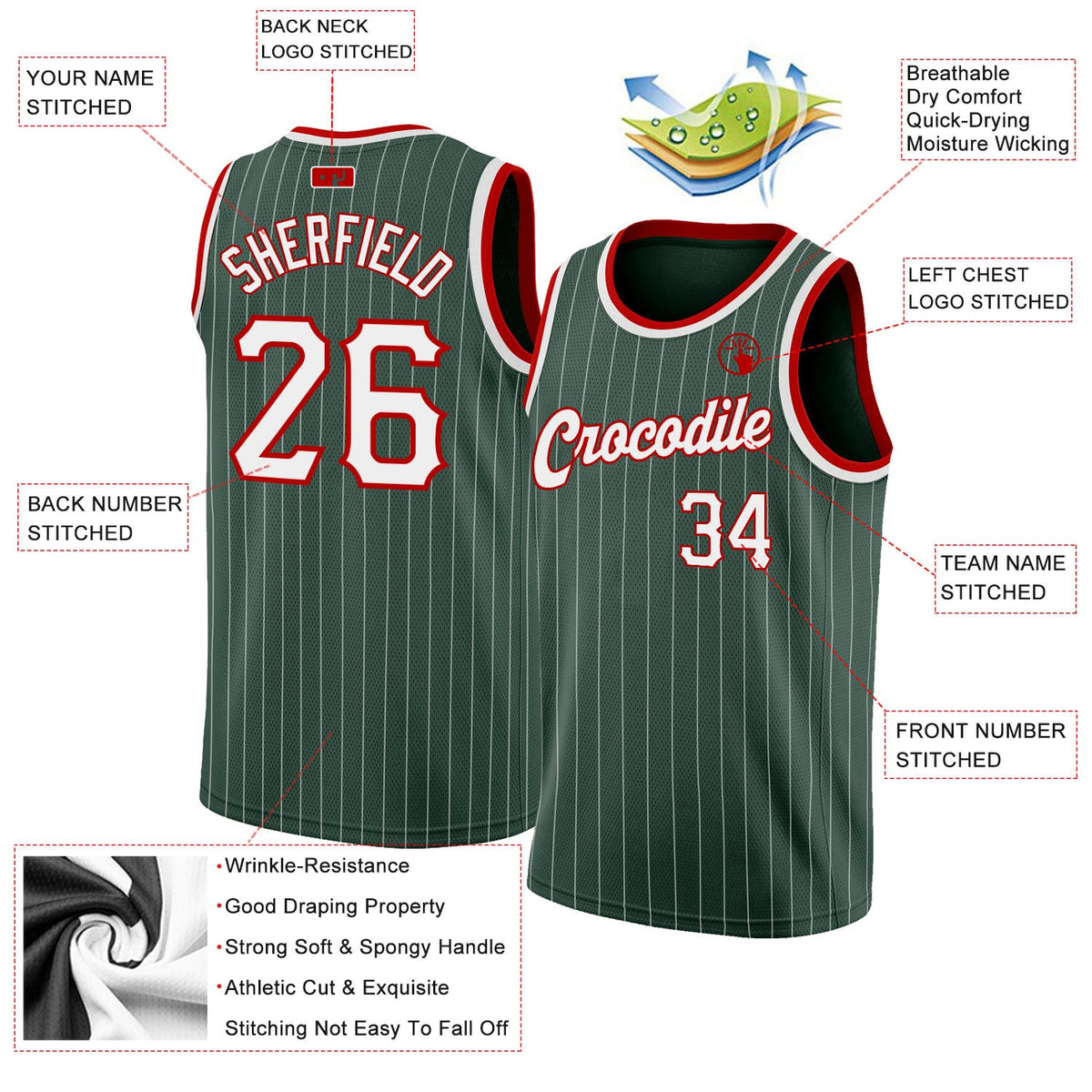 Custom Hunter Green White Pinstripe White-Red Authentic Basketball Jersey - Back