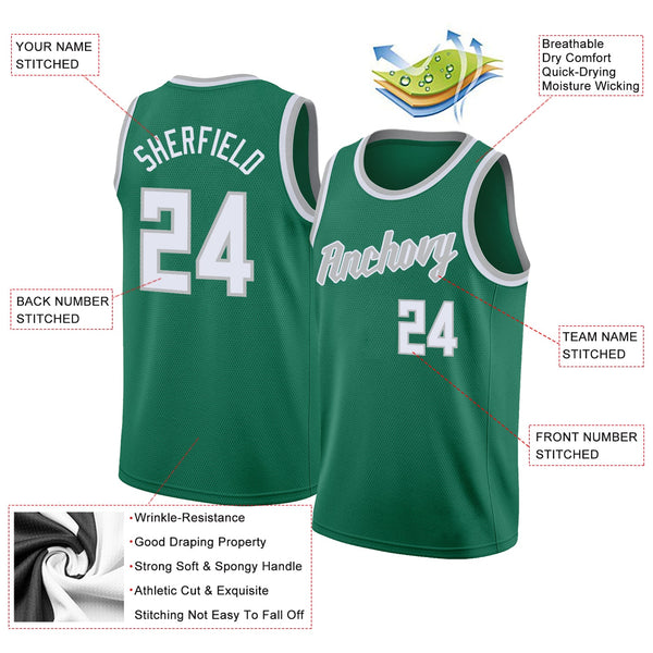 Custom Kelly Green White-Gray Round Neck Rib-Knit Basketball Jersey alternate