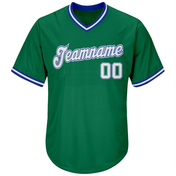 Custom Kelly Green White-Royal Authentic Throwback Rib-Knit Baseball Jersey Shirt alternate